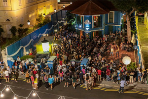 Bird's-eye-view shot of a very large crowd in the courtyard in front of a two-storey blue building at night.