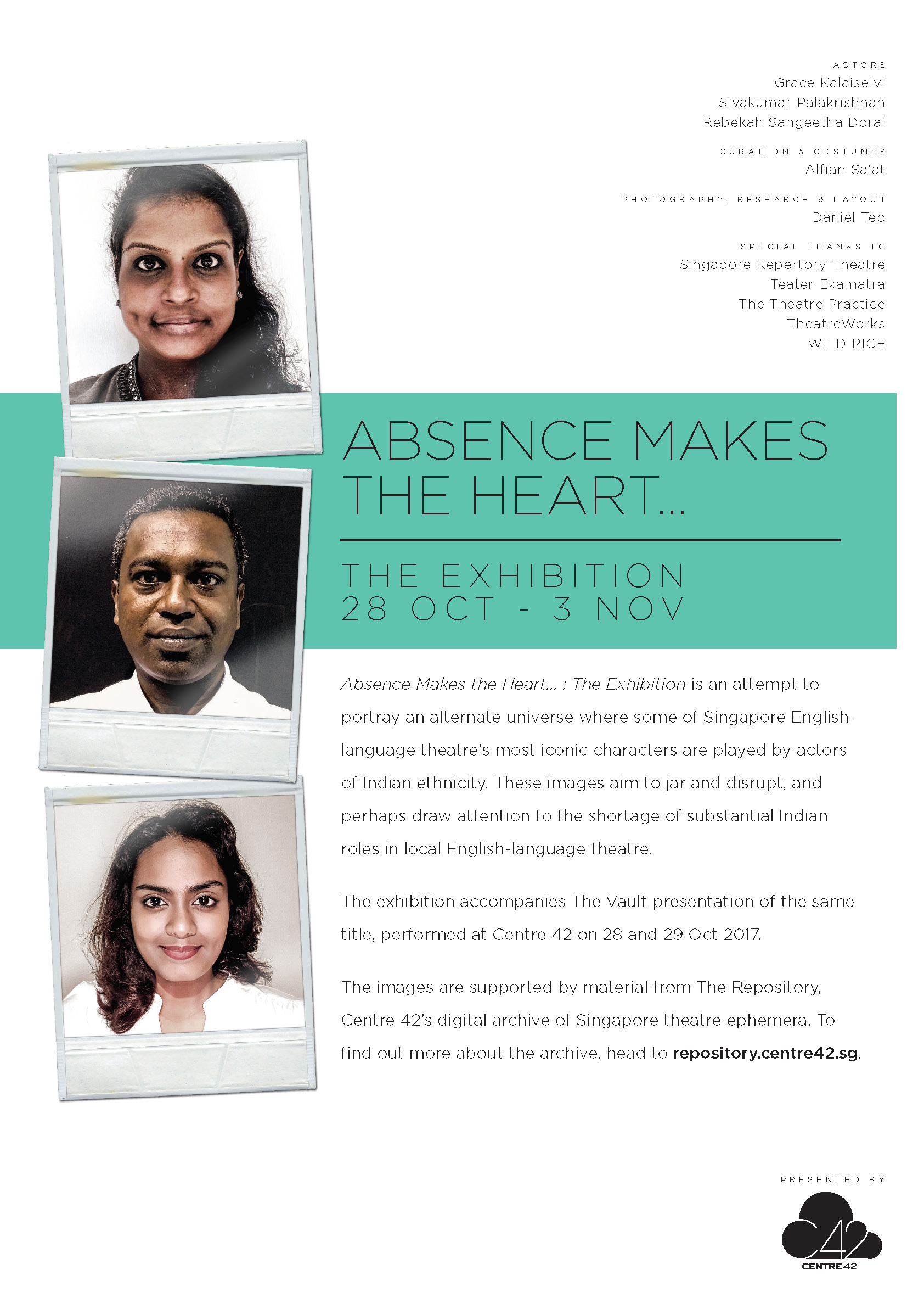 The poster features photographs of two Indian women and one Indian man on the left, and an abstract introducing the exhibition on the right.