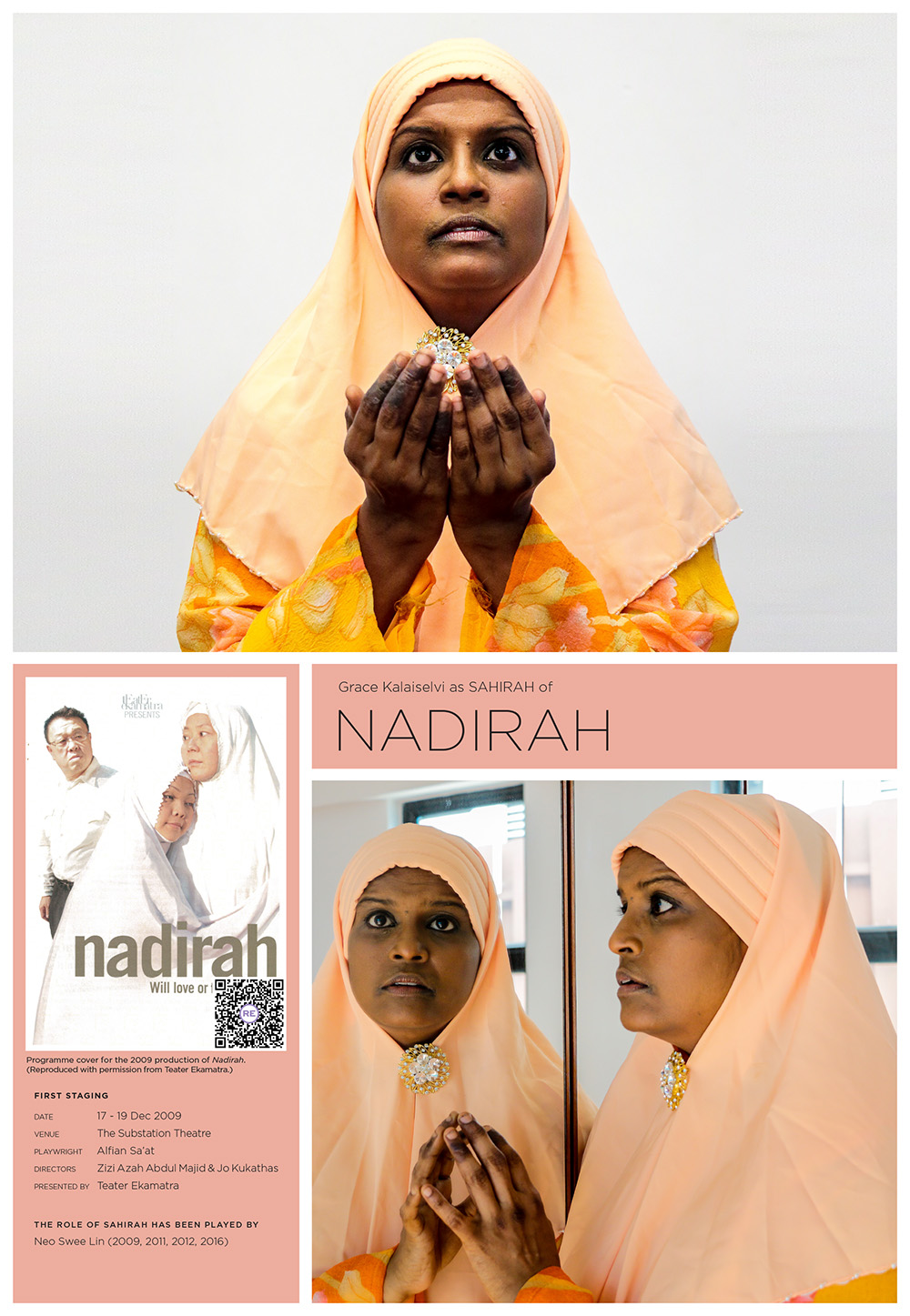 The top half of the poster features an ethnic Indian woman dressed in a peach colored headscarf. The bottom half of the image features the history of staging Nadirah.