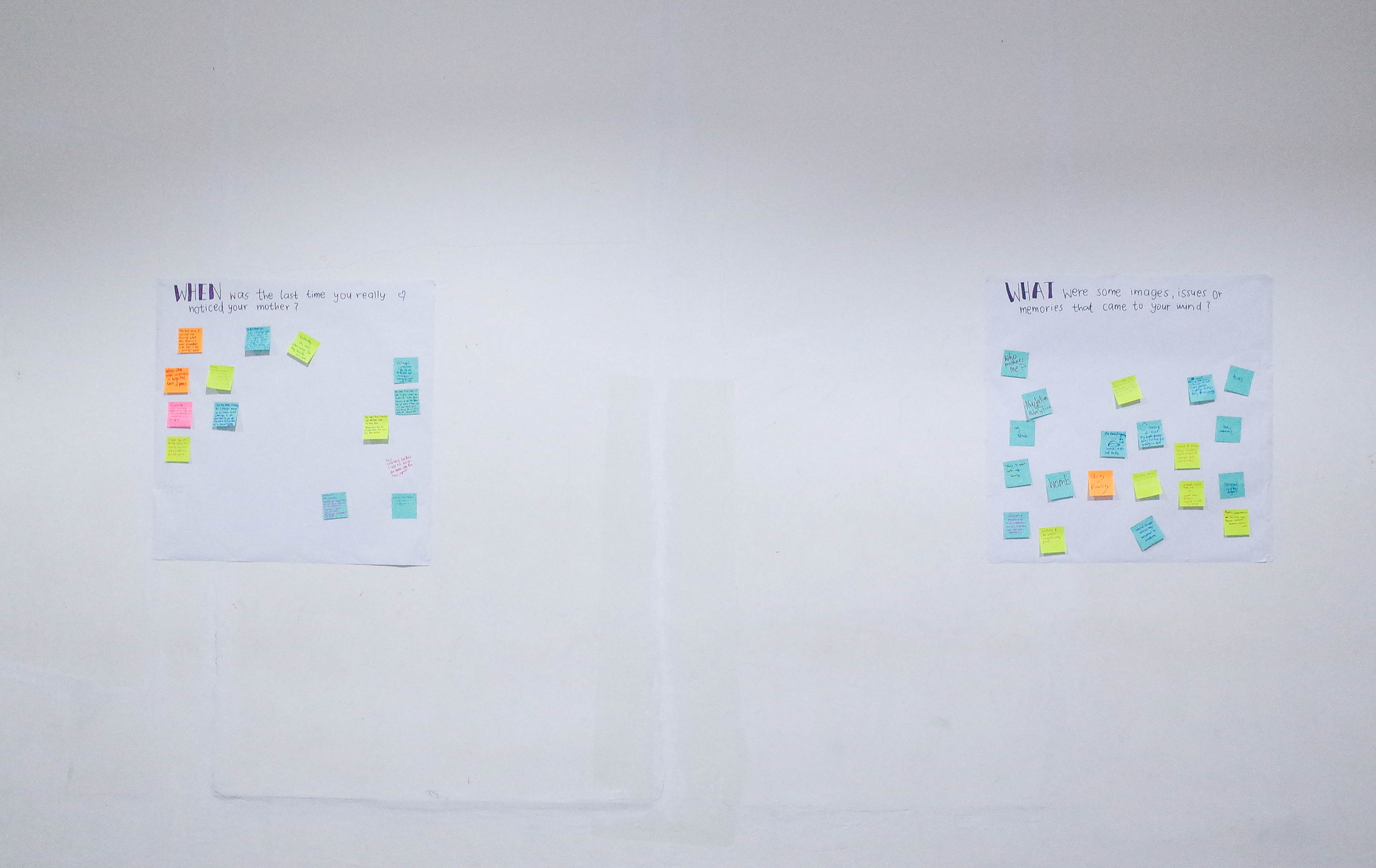 Pasted on a white wall, two huge white paper are decorated with post-its.