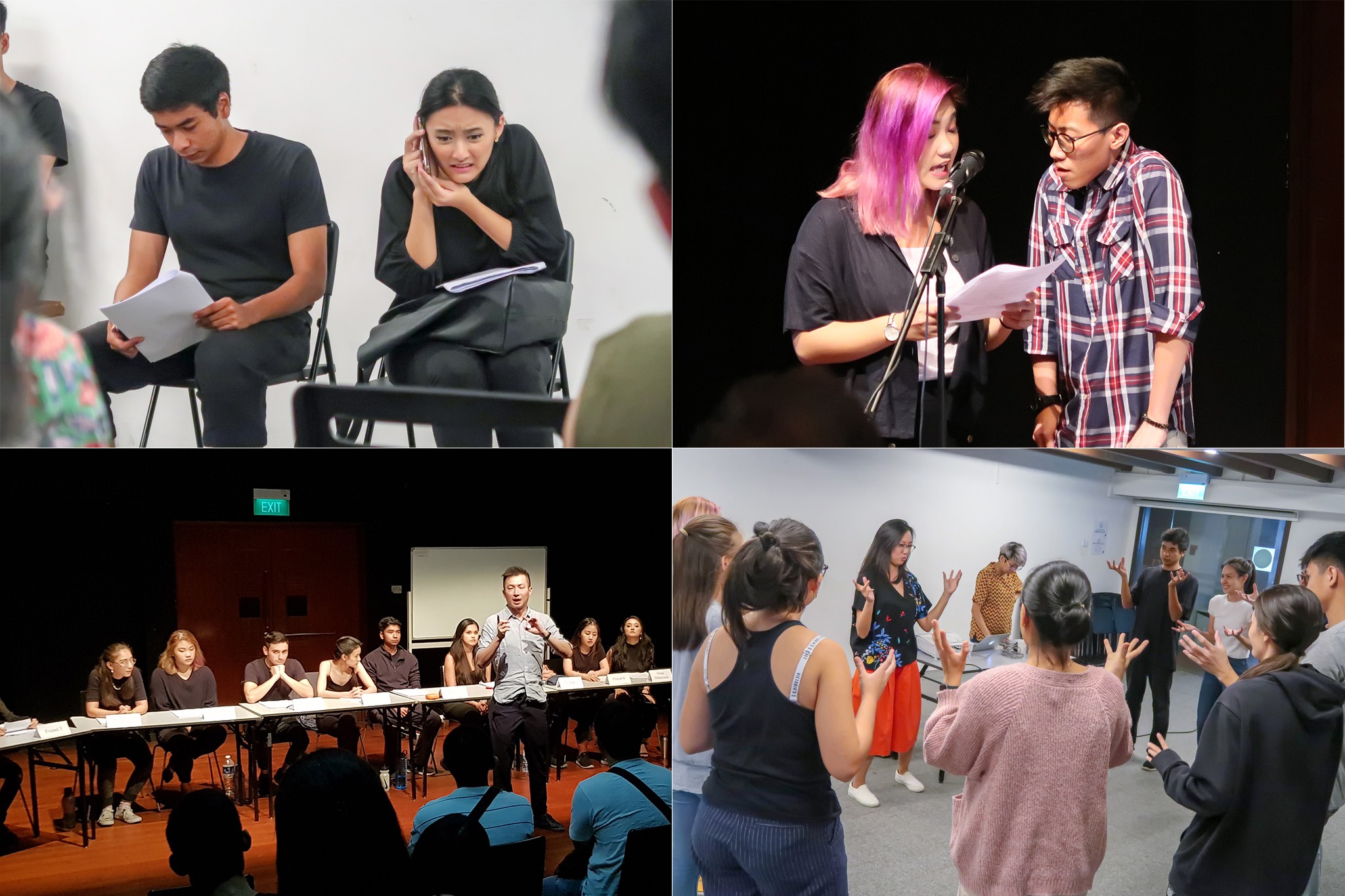 A collage of 4 photographs of showing groups of people in activity. Clockwise from top left: 2 pairs of actors on stage in conversation; a group of people standing in a circle midway through a hand gesturing movement; a row of actors sitting at a long table on stage in a script reading session.