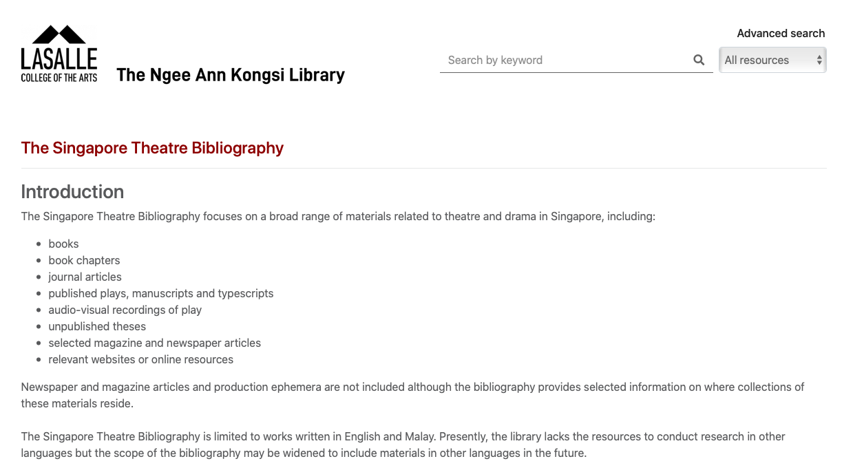 A screenshot of the Singapore Theatre Bibliography (STB) landing page, featuring information about the STB.