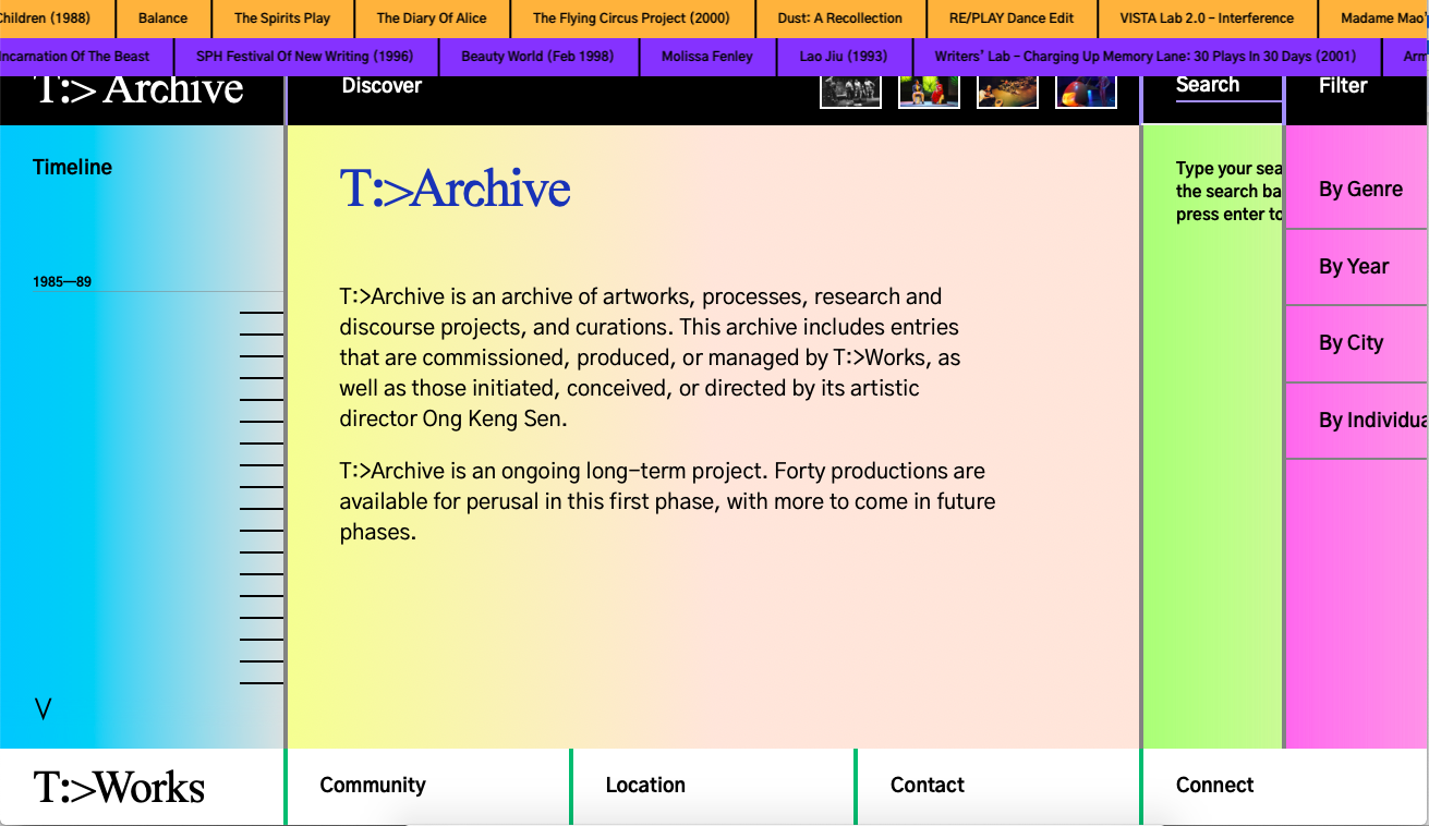 A screenshot of the T:>Archive landing page, featuring information about the archive, a scrollable timeline on the left, and a search and tags bar on the right.