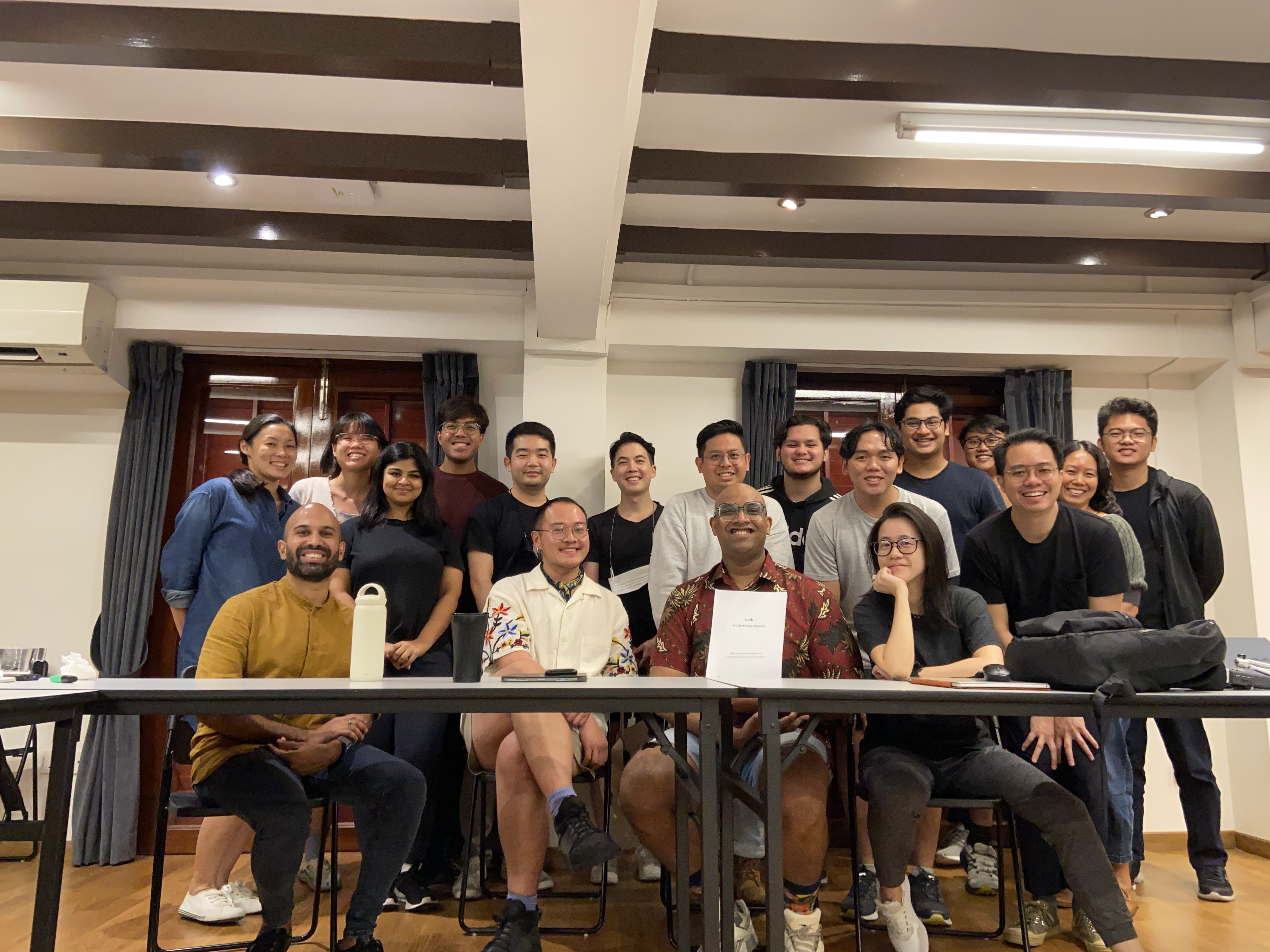 Photo with the table-read group. From L-R: (Row 1) Shridar, Joel, Jaryl and Michelle (Row 2) Yanling, Jaclyn, Menaka, Danial, Thomas, Shou Chen, Adeeb, Chris, Marwyn, Rohan, Riqi, Lucas, Juliet and Eugene.