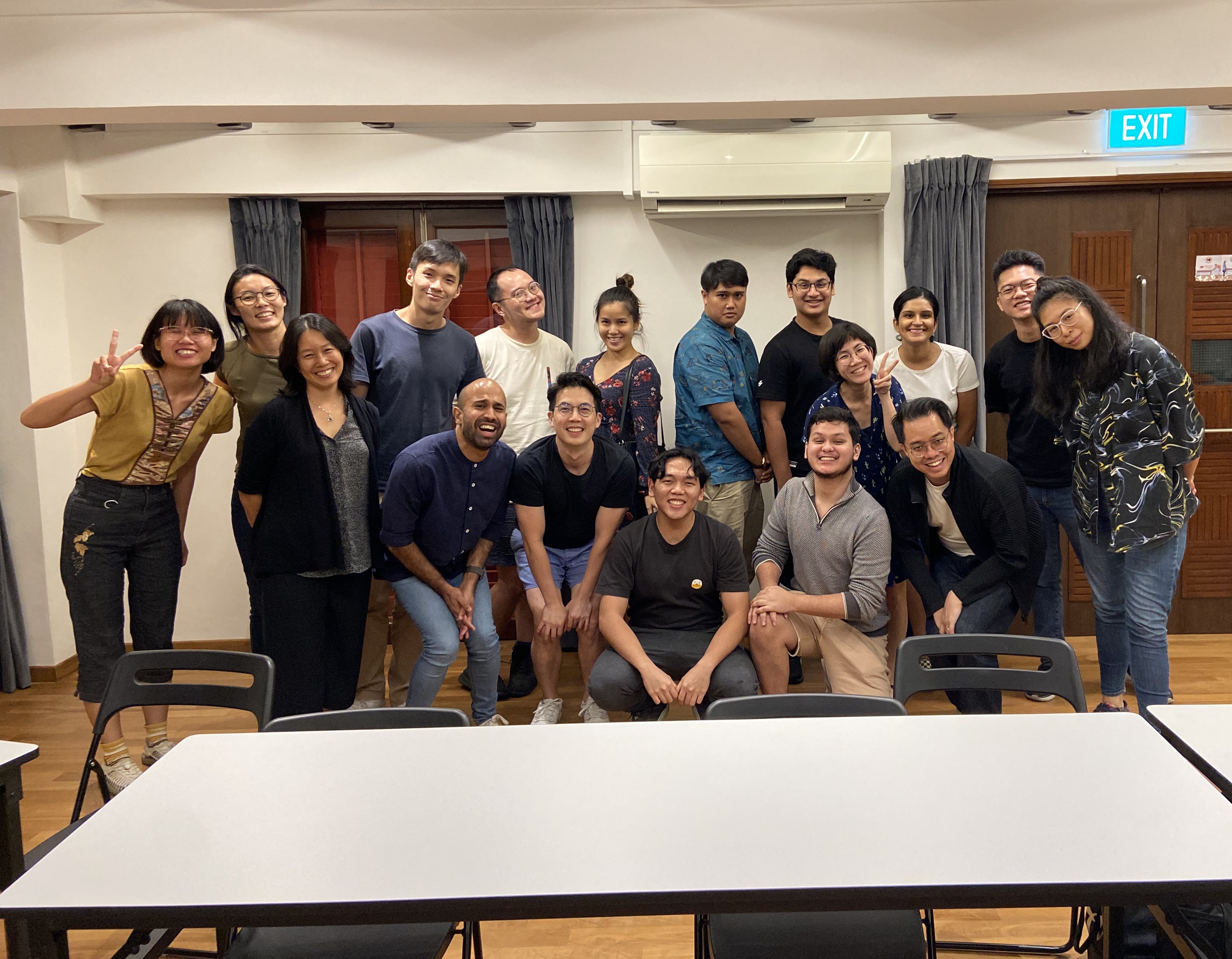 Photo with the table-read group. From L-R: (Row 1) Juliet, Shridar, Shou Chen, Marwyn, Christopher and Lucas (Row 2) Jaclyn, Yanling, Chee Yew, Joel, Rachel, Riqi, Rohan, Gua Khee, Sindhu, Eugene and Cherilyn