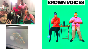 A collage of three images. On the right, two masked actors are seated on chairs against a green screen. On the left, is a group shot of the team and a reflection of the mask.